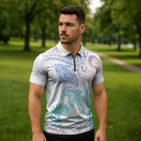 Aotearoa Maori Sea Animals Tribal Zipper Polo Shirt Manta Ray and Shark Moko Pattern Sweet Pastel LT03 - Polynesian Pride