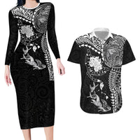 Hawaiian Manta Ray Tribal Couples Matching Long Sleeve Bodycon Dress and Hawaiian Shirt Polynesian Art Motifs Black Color LT03 Black - Polynesian Pride