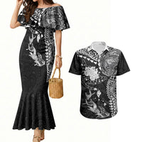 Hawaiian Manta Ray Tribal Couples Matching Mermaid Dress and Hawaiian Shirt Polynesian Art Motifs Black Color LT03 Black - Polynesian Pride
