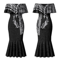 Hawaiian Manta Ray Tribal Couples Matching Mermaid Dress and Hawaiian Shirt Polynesian Art Motifs Black Color LT03 - Polynesian Pride