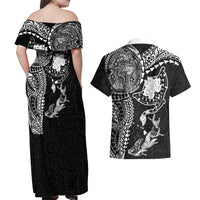 Hawaiian Manta Ray Tribal Couples Matching Off Shoulder Maxi Dress and Hawaiian Shirt Polynesian Art Motifs Black Color LT03 - Polynesian Pride