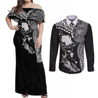 Hawaiian Manta Ray Tribal Couples Matching Off Shoulder Maxi Dress and Long Sleeve Button Shirt Polynesian Art Motifs Black Color LT03 Black - Polynesian Pride