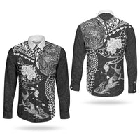 Hawaiian Manta Ray Tribal Couples Matching Off Shoulder Maxi Dress and Long Sleeve Button Shirt Polynesian Art Motifs Black Color LT03 - Polynesian Pride