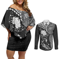 Hawaiian Manta Ray Tribal Couples Matching Off Shoulder Short Dress and Long Sleeve Button Shirt Polynesian Art Motifs Black Color LT03 Black - Polynesian Pride
