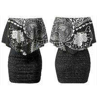 Hawaiian Manta Ray Tribal Couples Matching Off Shoulder Short Dress and Long Sleeve Button Shirt Polynesian Art Motifs Black Color LT03 - Polynesian Pride