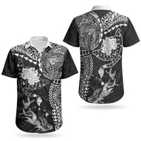 Hawaiian Manta Ray Tribal Couples Matching Off The Shoulder Long Sleeve Dress and Hawaiian Shirt Polynesian Art Motifs Black Color LT03 - Polynesian Pride