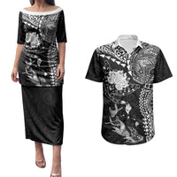 Hawaiian Manta Ray Tribal Couples Matching Puletasi and Hawaiian Shirt Polynesian Art Motifs Black Color LT03 Black - Polynesian Pride