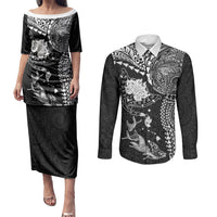 Hawaiian Manta Ray Tribal Couples Matching Puletasi and Long Sleeve Button Shirt Polynesian Art Motifs Black Color LT03 Black - Polynesian Pride