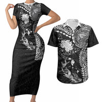 Hawaiian Manta Ray Tribal Couples Matching Short Sleeve Bodycon Dress and Hawaiian Shirt Polynesian Art Motifs Black Color LT03 Black - Polynesian Pride