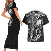 Hawaiian Manta Ray Tribal Couples Matching Short Sleeve Bodycon Dress and Hawaiian Shirt Polynesian Art Motifs Black Color LT03 - Polynesian Pride