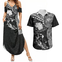 Hawaiian Manta Ray Tribal Couples Matching Summer Maxi Dress and Hawaiian Shirt Polynesian Art Motifs Black Color LT03 Black - Polynesian Pride
