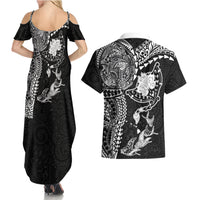 Hawaiian Manta Ray Tribal Couples Matching Summer Maxi Dress and Hawaiian Shirt Polynesian Art Motifs Black Color LT03 - Polynesian Pride