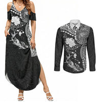 Hawaiian Manta Ray Tribal Couples Matching Summer Maxi Dress and Long Sleeve Button Shirt Polynesian Art Motifs Black Color LT03 Black - Polynesian Pride