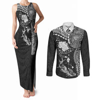 Hawaiian Manta Ray Tribal Couples Matching Tank Maxi Dress and Long Sleeve Button Shirt Polynesian Art Motifs Black Color LT03 Black - Polynesian Pride