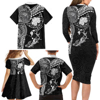 Hawaiian Manta Ray Tribal Family Matching Long Sleeve Bodycon Dress and Hawaiian Shirt Polynesian Art Motifs Black Color LT03 Mom's Dress Black - Polynesian Pride