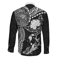 Hawaiian Manta Ray Tribal Family Matching Long Sleeve Bodycon Dress and Hawaiian Shirt Polynesian Art Motifs Black Color LT03 Son's Shirt Black - Polynesian Pride