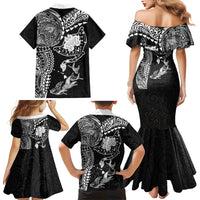Hawaiian Manta Ray Tribal Family Matching Mermaid Dress and Hawaiian Shirt Polynesian Art Motifs Black Color LT03 - Polynesian Pride