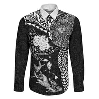 Hawaiian Manta Ray Tribal Family Matching Off The Shoulder Long Sleeve Dress and Hawaiian Shirt Polynesian Art Motifs Black Color LT03 Daughter's Dress Black - Polynesian Pride