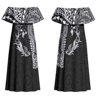 Hawaiian Manta Ray Tribal Family Matching Off Shoulder Maxi Dress and Hawaiian Shirt Polynesian Art Motifs Black Color LT03 Mom's Dress Black - Polynesian Pride