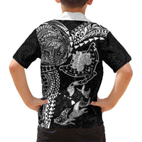 Hawaiian Manta Ray Tribal Family Matching Off Shoulder Short Dress and Hawaiian Shirt Polynesian Art Motifs Black Color LT03 - Polynesian Pride