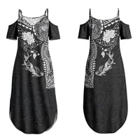 Hawaiian Manta Ray Tribal Family Matching Summer Maxi Dress and Hawaiian Shirt Polynesian Art Motifs Black Color LT03 Mom's Dress Black - Polynesian Pride