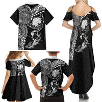 Hawaiian Manta Ray Tribal Family Matching Summer Maxi Dress and Hawaiian Shirt Polynesian Art Motifs Black Color LT03 - Polynesian Pride