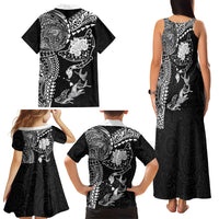 Hawaiian Manta Ray Tribal Family Matching Tank Maxi Dress and Hawaiian Shirt Polynesian Art Motifs Black Color LT03 Mom's Dress Black - Polynesian Pride