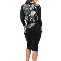 Hawaiian Manta Ray Tribal Long Sleeve Bodycon Dress Polynesian Art Motifs Black Color