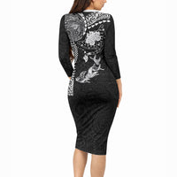 Hawaiian Manta Ray Tribal Long Sleeve Bodycon Dress Polynesian Art Motifs Black Color LT03 - Polynesian Pride