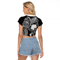 Hawaiian Manta Ray Tribal Raglan Cropped T Shirt Polynesian Art Motifs Black Color