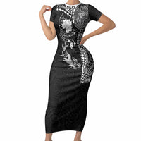 Hawaiian Manta Ray Tribal Short Sleeve Bodycon Dress Polynesian Art Motifs Black Color LT03 Long Dress Black - Polynesian Pride