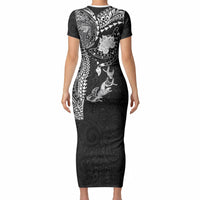 Hawaiian Manta Ray Tribal Short Sleeve Bodycon Dress Polynesian Art Motifs Black Color LT03 - Polynesian Pride