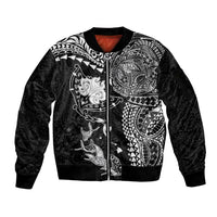Hawaiian Manta Ray Tribal Sleeve Zip Bomber Jacket Polynesian Art Motifs Black Color
