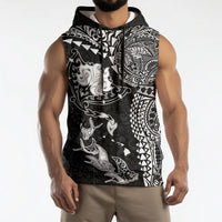 Hawaiian Manta Ray Tribal Sleeveless Hoodie Polynesian Art Motifs Black Color