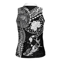 Hawaiian Manta Ray Tribal Women Sleeveless Polo Shirt Polynesian Art Motifs Black Color LT03 - Polynesian Pride