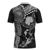 Hawaiian Manta Ray Tribal Zipper Polo Shirt Polynesian Art Motifs Black Color LT03 - Polynesian Pride
