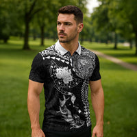 Hawaiian Manta Ray Tribal Zipper Polo Shirt Polynesian Art Motifs Black Color LT03 - Polynesian Pride