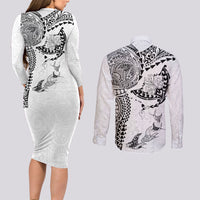 Hawaiian Manta Ray Tribal Couples Matching Long Sleeve Bodycon Dress and Long Sleeve Button Shirt Polynesian Art Motifs White Color LT03 - Polynesian Pride