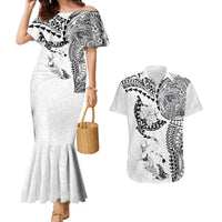 Hawaiian Manta Ray Tribal Couples Matching Mermaid Dress and Hawaiian Shirt Polynesian Art Motifs White Color LT03 White - Polynesian Pride