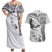 Hawaiian Manta Ray Tribal Couples Matching Off Shoulder Maxi Dress and Hawaiian Shirt Polynesian Art Motifs White Color LT03 White - Polynesian Pride