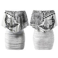 Hawaiian Manta Ray Tribal Couples Matching Off Shoulder Short Dress and Hawaiian Shirt Polynesian Art Motifs White Color LT03 - Polynesian Pride