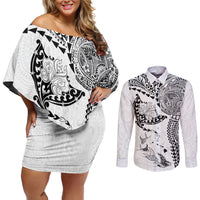 Hawaiian Manta Ray Tribal Couples Matching Off Shoulder Short Dress and Long Sleeve Button Shirt Polynesian Art Motifs White Color LT03 White - Polynesian Pride