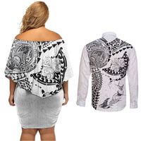 Hawaiian Manta Ray Tribal Couples Matching Off Shoulder Short Dress and Long Sleeve Button Shirt Polynesian Art Motifs White Color LT03 - Polynesian Pride
