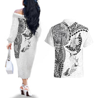 Hawaiian Manta Ray Tribal Couples Matching Off The Shoulder Long Sleeve Dress and Hawaiian Shirt Polynesian Art Motifs White Color LT03 - Polynesian Pride