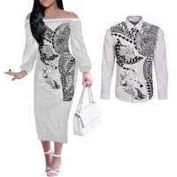 Hawaiian Manta Ray Tribal Couples Matching Off The Shoulder Long Sleeve Dress and Long Sleeve Button Shirt Polynesian Art Motifs White Color LT03 White - Polynesian Pride