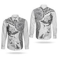 Hawaiian Manta Ray Tribal Couples Matching Off The Shoulder Long Sleeve Dress and Long Sleeve Button Shirt Polynesian Art Motifs White Color LT03 - Polynesian Pride