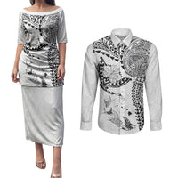 Hawaiian Manta Ray Tribal Couples Matching Puletasi and Long Sleeve Button Shirt Polynesian Art Motifs White Color LT03 White - Polynesian Pride