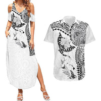 Hawaiian Manta Ray Tribal Couples Matching Summer Maxi Dress and Hawaiian Shirt Polynesian Art Motifs White Color LT03 White - Polynesian Pride