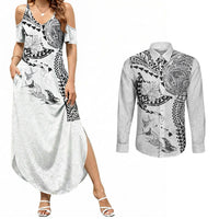 Hawaiian Manta Ray Tribal Couples Matching Summer Maxi Dress and Long Sleeve Button Shirt Polynesian Art Motifs White Color LT03 White - Polynesian Pride
