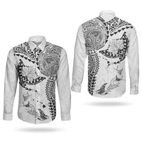 Hawaiian Manta Ray Tribal Couples Matching Summer Maxi Dress and Long Sleeve Button Shirt Polynesian Art Motifs White Color LT03 - Polynesian Pride
